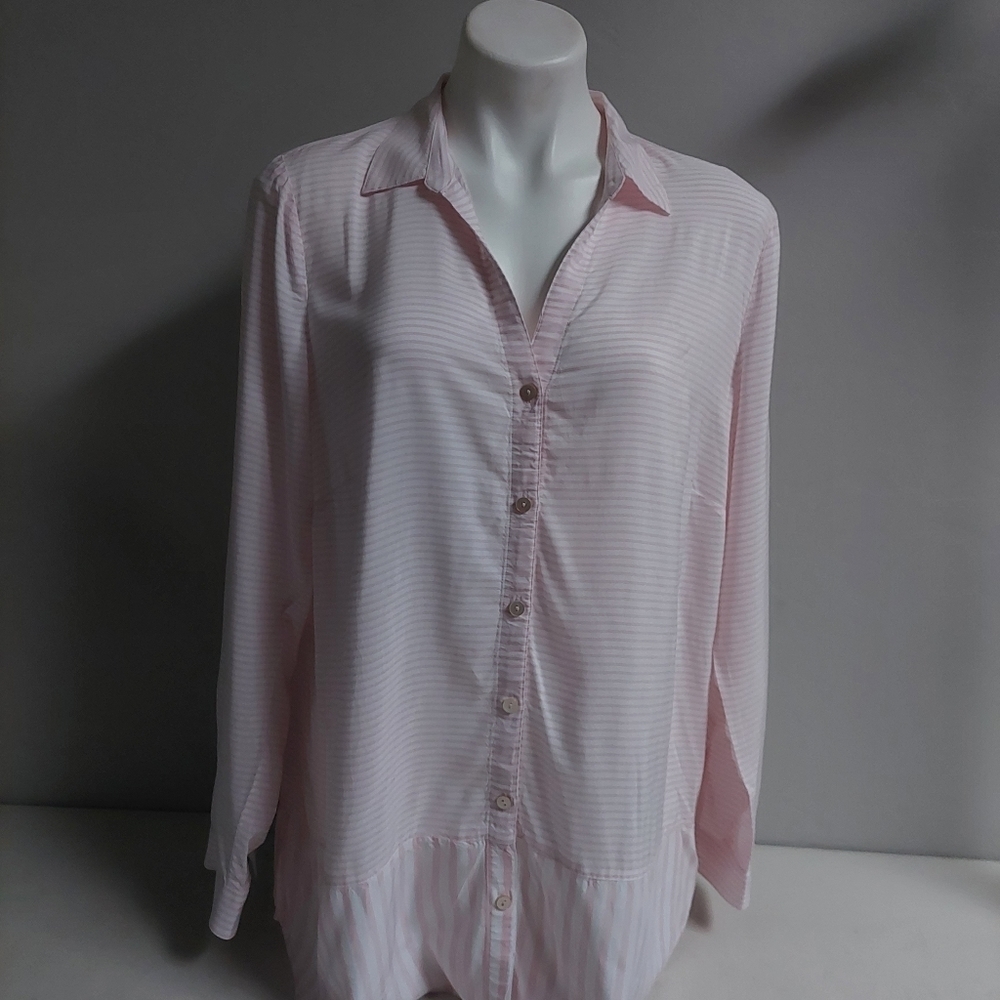 J Jill Pink White Stripped Tunic Top Button Down Light Silky Long Sleeve‎ Size L